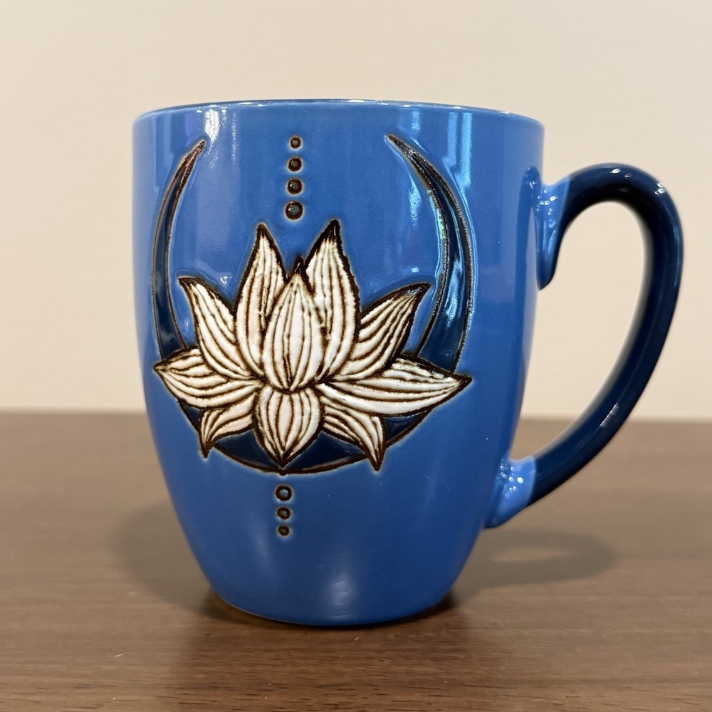 Blue Lotus Flower Coffee Mug Raised Ceramic Crescent Moon Namaste Boho Cup Yoga